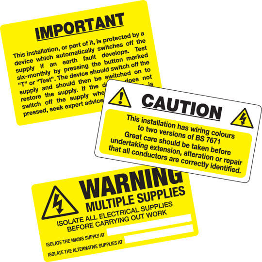 Pack of 100 Caution BS 7671  Strong Electrical Safety Stickers Labels 55 x 140mm 