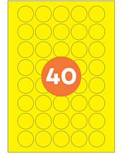 A4 Label Sheets 40 Labels Per Sheet 32mm Diameter Yellow Permanent