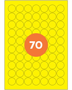 A4 Label Sheets 70 Labels Per Sheet 25mm Diameter Yellow Permanent