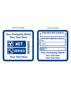 Personalised Blue MOT / Service Reminder Window Stickers 60x60mm