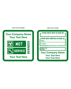 Personalised Green MOT / Service Reminder Window Stickers 60x60mm