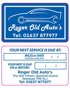 Roger Old Auto's MOT / Service Window Stickers