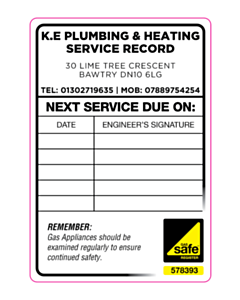 KE Plumbing & Heating Gas Safe Service Labels