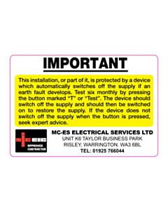 MC-ES Electrical Services Ltd RCD Label