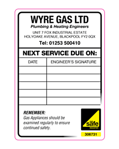 Wyre Gas Ltd Gas Safe Boiler Service Labels