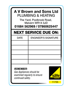 AV Brown & Sons Ltd Gas Safe Boiler Service Labels