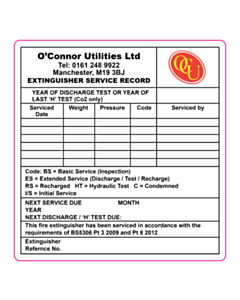 O'Conner Utilities Ltd Extinguisher Service Labels