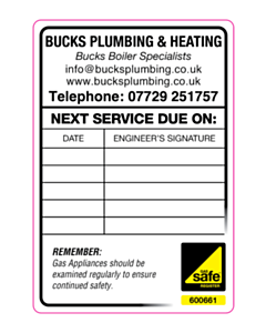 Bucks Plumbing & Heating Gas Safe Labels