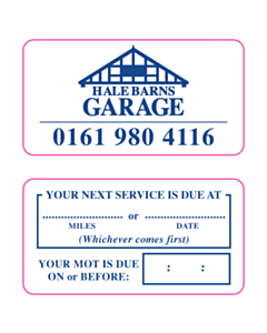 Hales Barns Garage MOT / Service Reminder Window Stickers