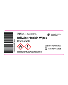 100x40mm Reliance Medical Manikin Wipes Carton Label