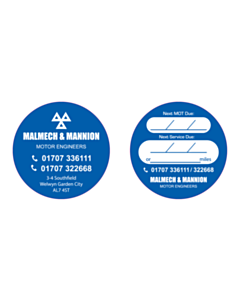 50mm Diameter Malmech & Mannion Next MOT / Service Window Stickers 
