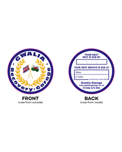 60mm Diameter Gwalia Garage Next MOT Window Stickers 