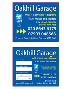 83x70mm Oakhill Garage MOT / Service Due Window Stickers 