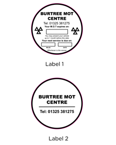 50mm Dia Burntree MOT Centre Next MOT Window Stickers