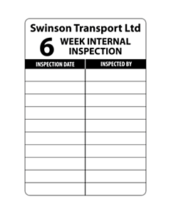 Swinson Transport 6 Week Inspection Label