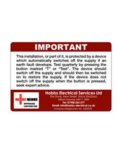 Hobbs Electrical RCD Test Label