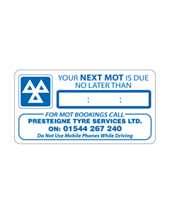 Presteigne Tyre Services MOT Reminder Labels