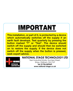 National Stage Manchester RCD Test Labels