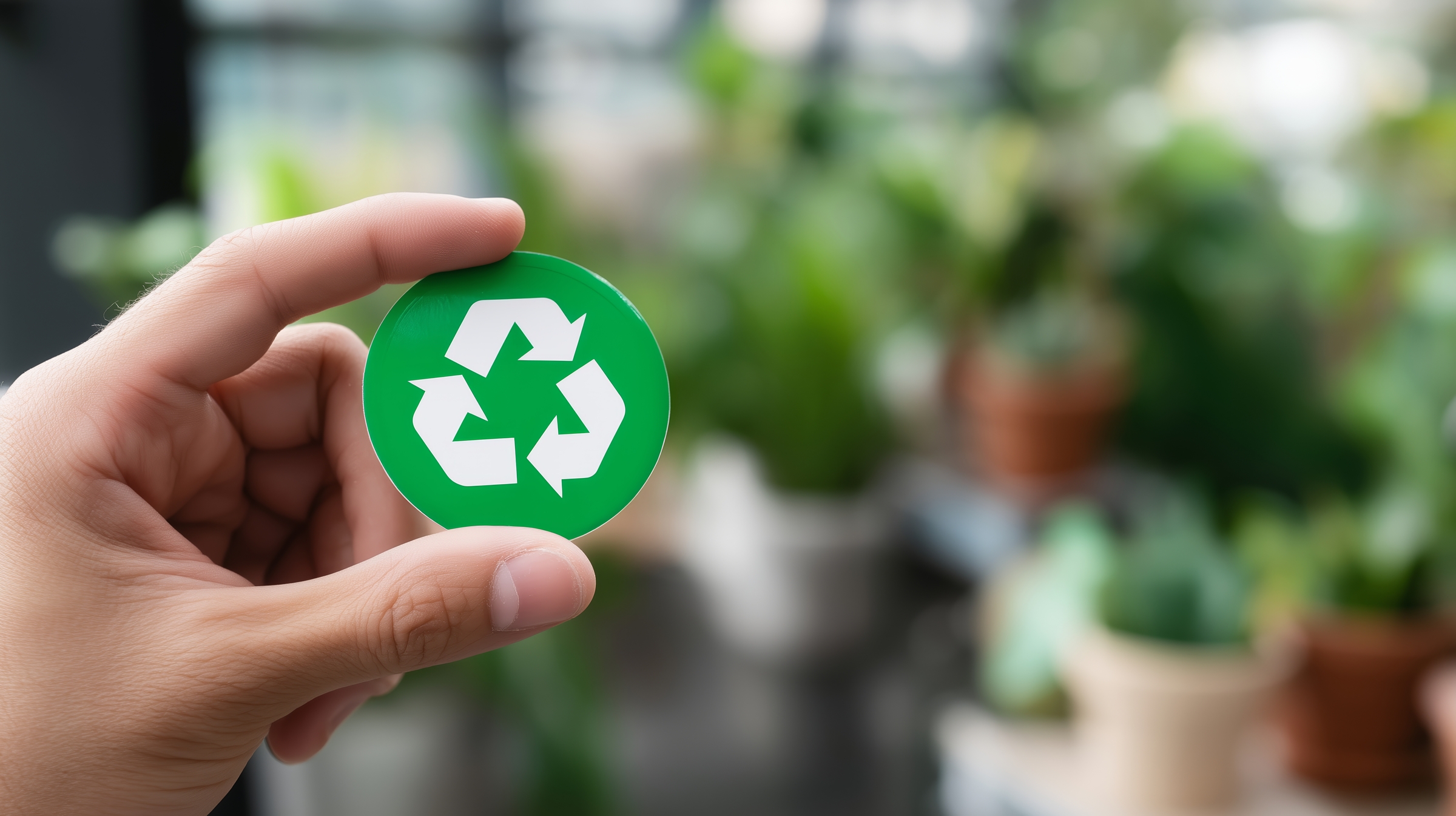 Hand holding a green recycling symbol in a greenhouse setting